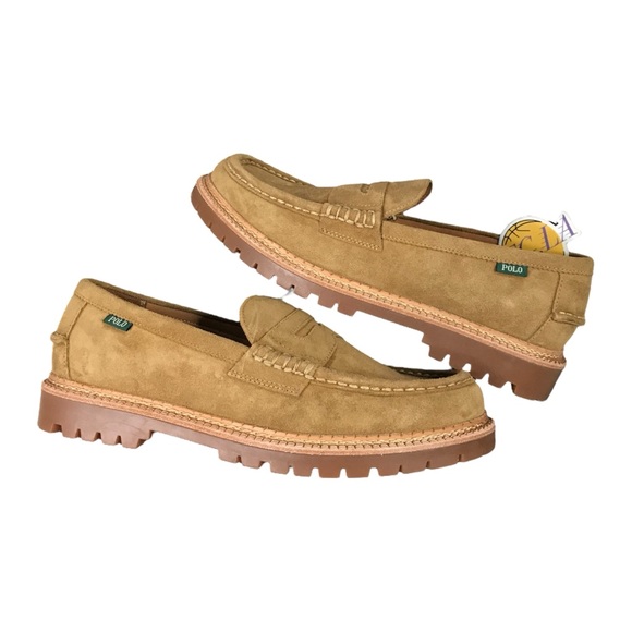 Polo Ralph Lauren Jett Penny Loafers Mens 9.5 Tan Lug Sole Suede Shoes Slippers
